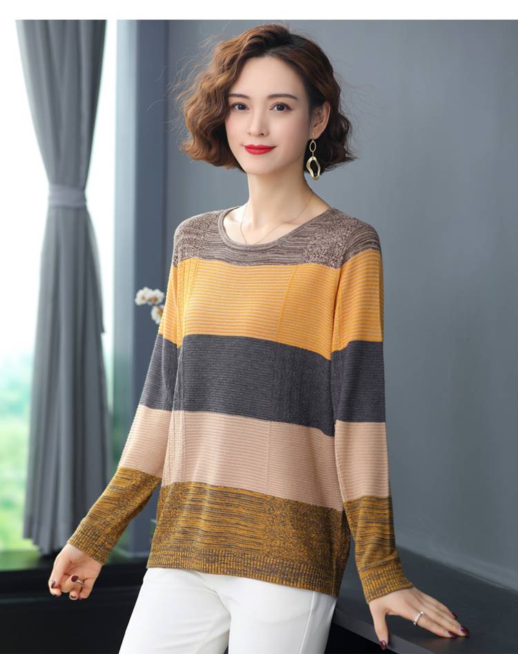 恒源祥低领羊毛衫女条纹衫妈妈薄款毛衣宽松打底上衣秋冬季新款女士