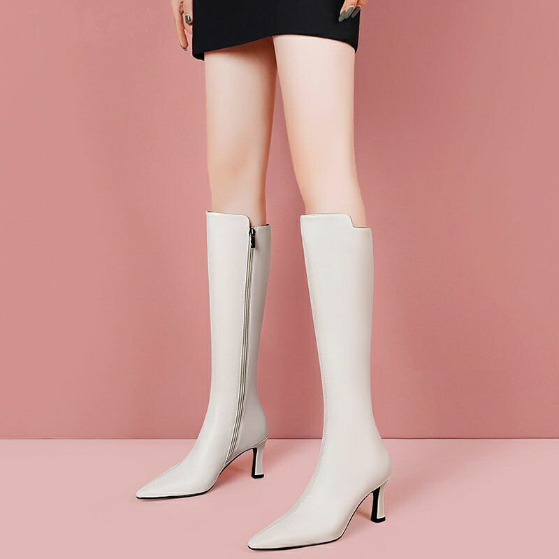长筒靴2021新款秋白色长靴女增高软皮高筒骑士靴亮皮高跟长筒女靴子米
