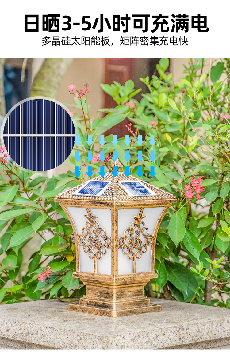 围墙柱头灯太阳能户外庭院灯防水室外门柱灯花园别墅大门家用超亮古铜