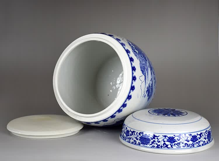 君诚骨灰坛陶瓷器墓地迁坟丧葬用品骨灰罐青花双龙纹山水图双盖带内盖