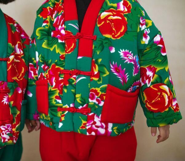花男女童拜年服汉服冬季宝宝过新年棉袄套装红色红色上衣绿色裤子130