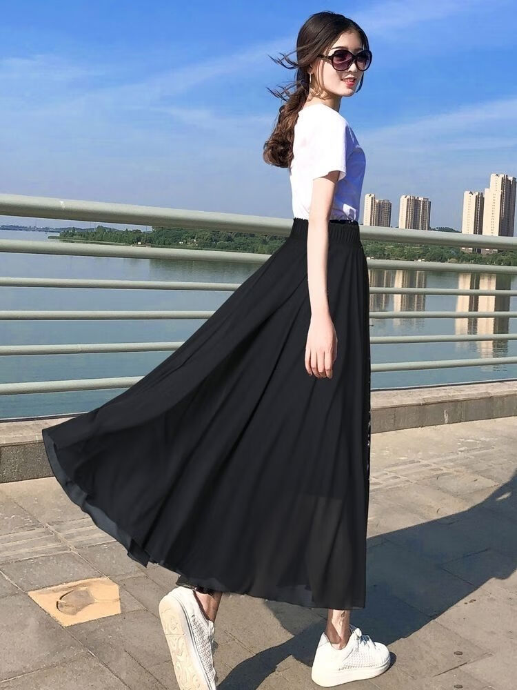 广州半身裙女夏格子小星星裙高腰雪纺a字裙中长碎花半裙显瘦大摆长裙