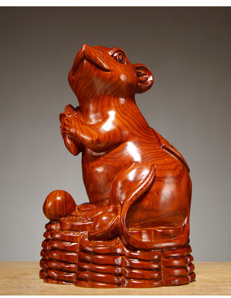 洁莱琳花梨木雕老鼠摆件实木质十二生肖鼠家居客厅装饰红木工艺开业