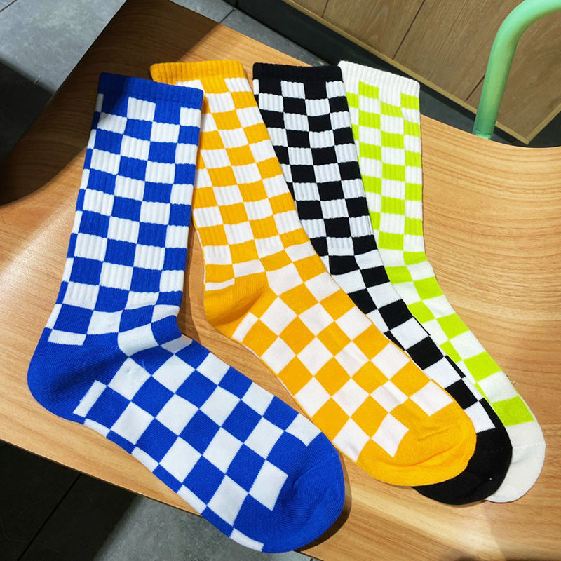春秋季棋盘格韩版方格子袜子情侣款男女棉质中筒袜运动ins潮百搭4色各