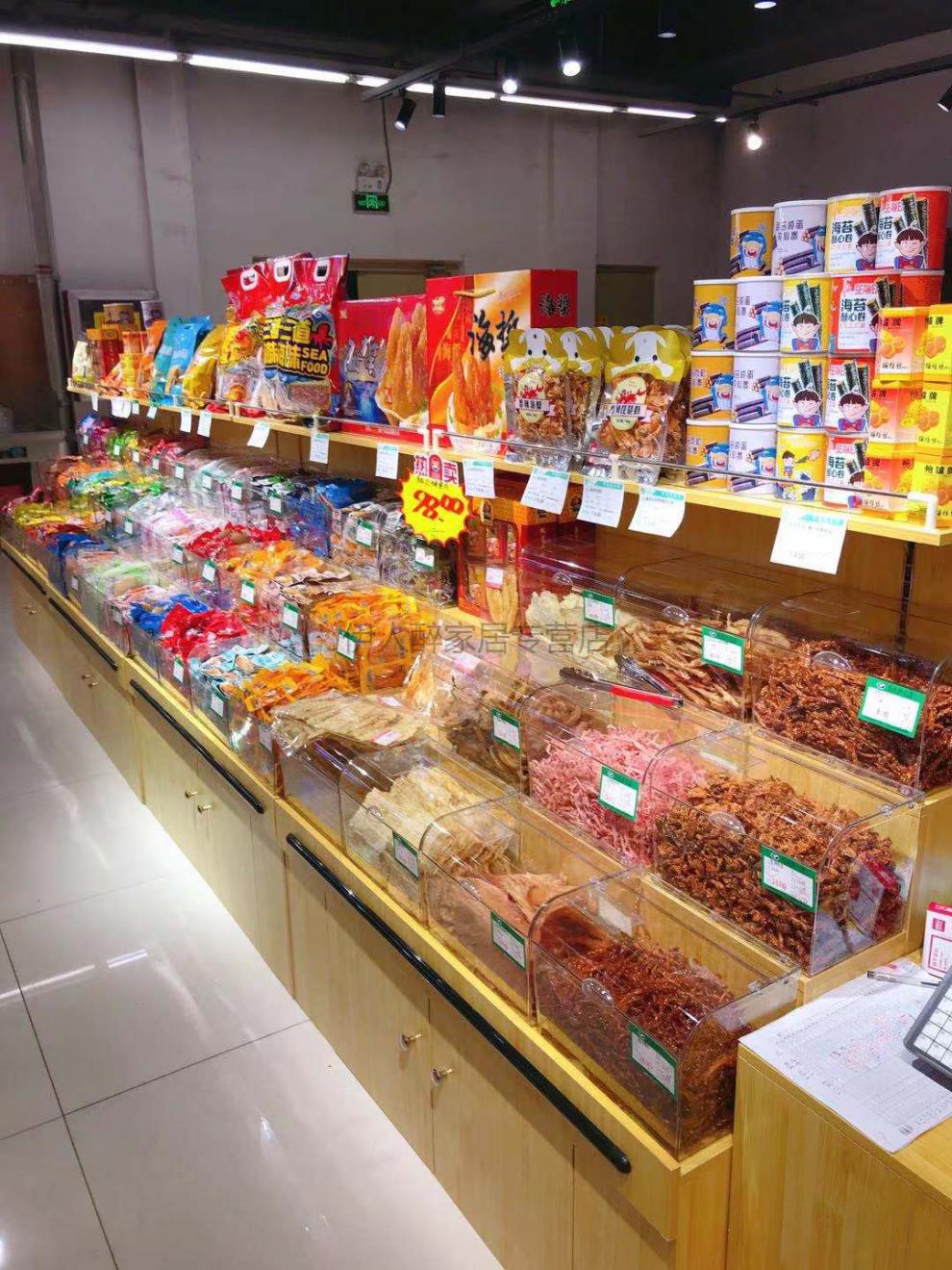 超市干果货架靠墙钢木结合散装零食五谷杂粮糖果柜米面鸡蛋架木制圆弧
