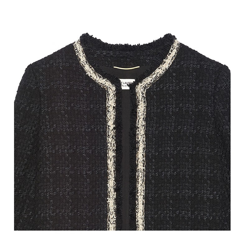 圣罗兰女装秋冬季圆领长袖短夹克淑女风格纹羊毛真丝花呢上衣外套38