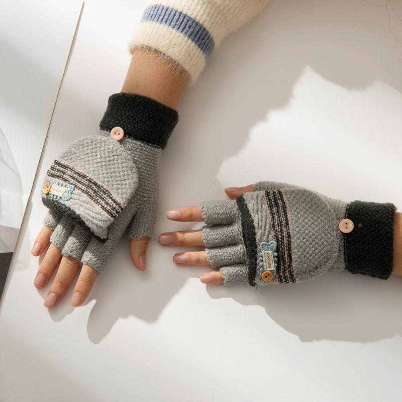 手套女士半指翻盖加厚加绒学生写字打字露指手套针织毛线手套深兰3