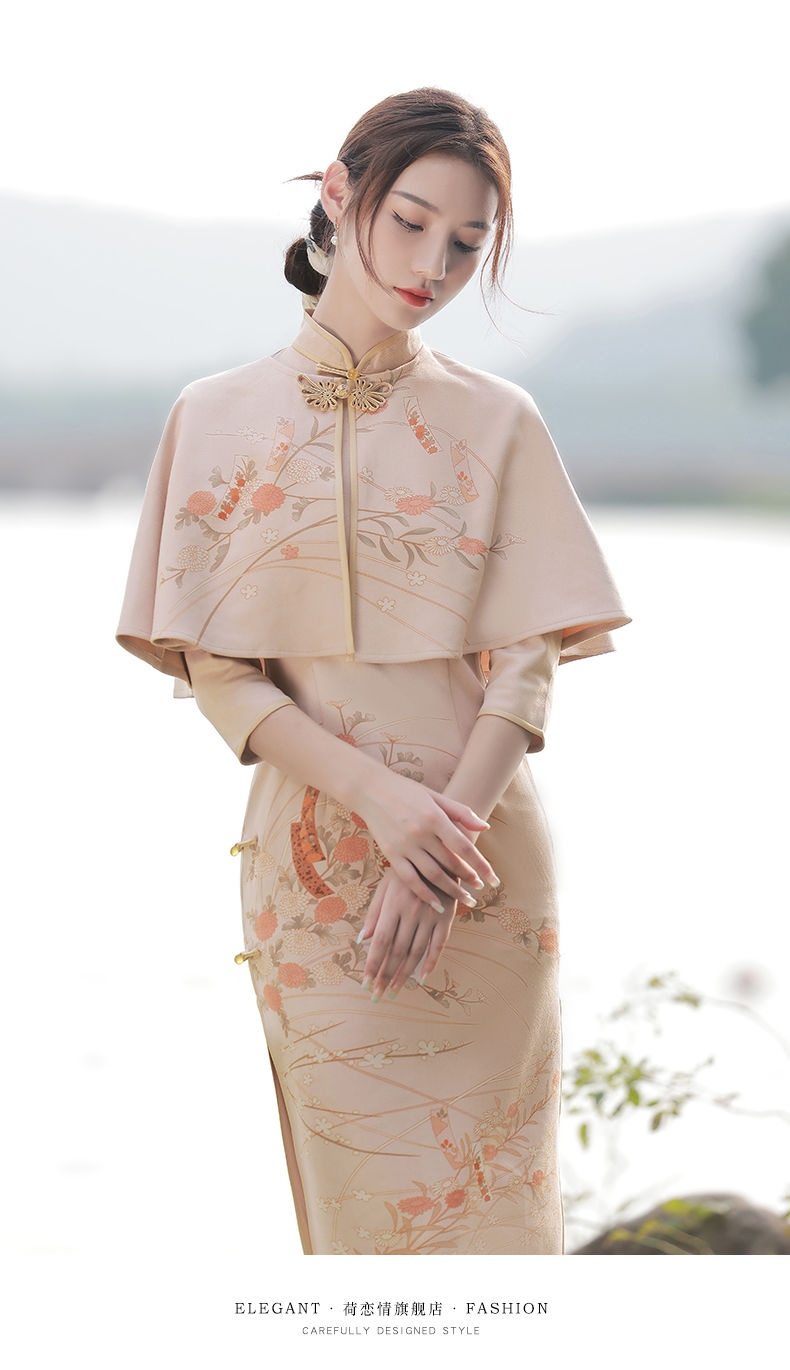 旗袍2021秋冬新款优雅带披肩改良复古民国麂皮绒套装连衣裙369麂皮绒s