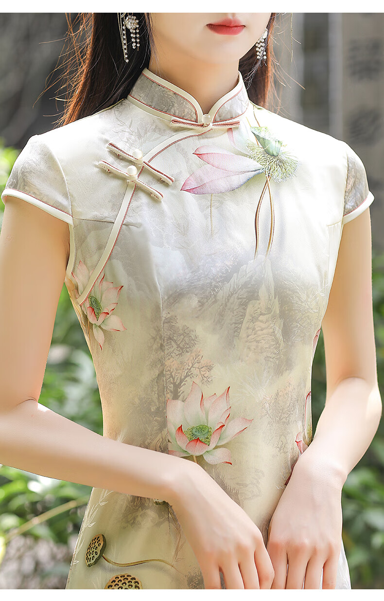 旗袍2022年新款高档品牌年轻丝绸提花大码小个子大花春秋z10306蓝底