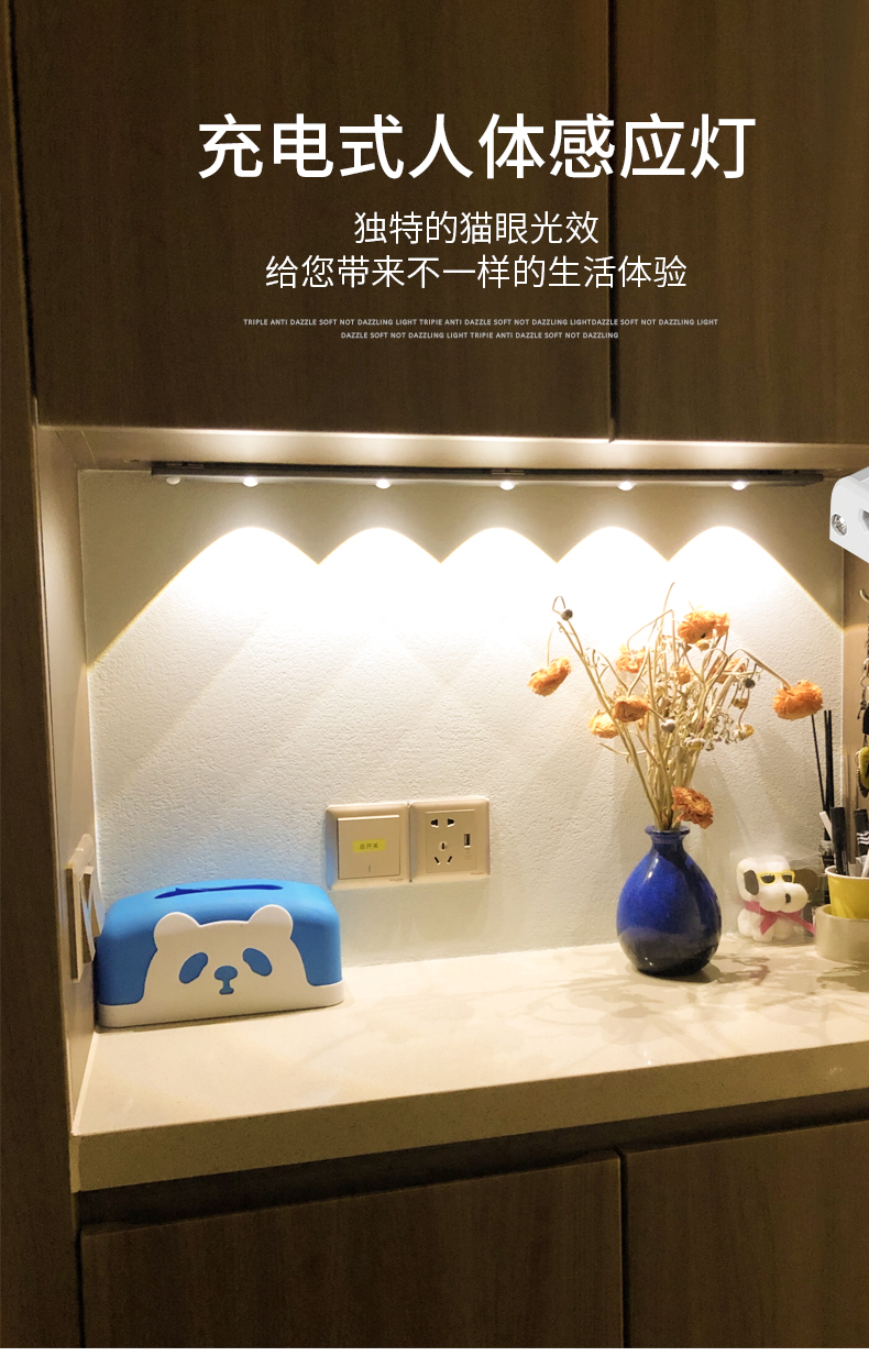 丽朵灯饰无线橱柜灯充电猫眼感应灯智能酒柜玄关鞋柜感应灯条人体感应