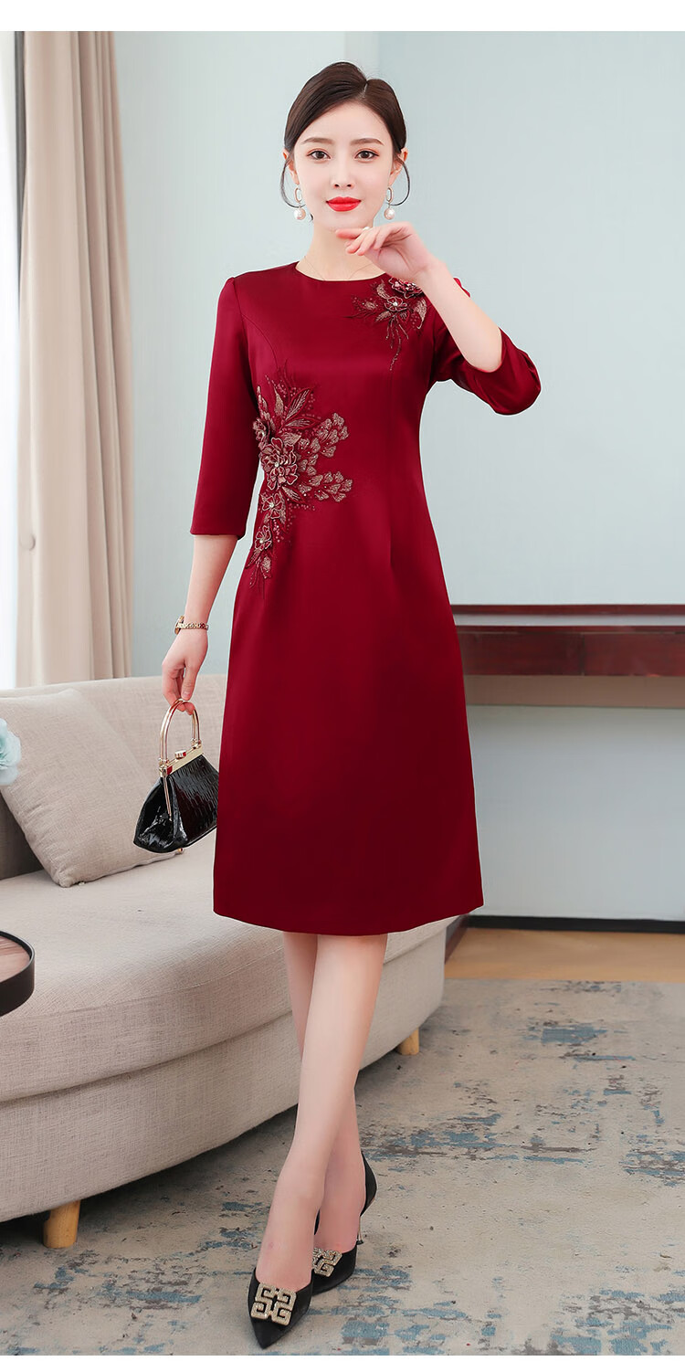 小个子喜婆婆婚宴时尚礼服冬装妈妈婚礼服装敬酒服加绒旗袍红色连衣裙