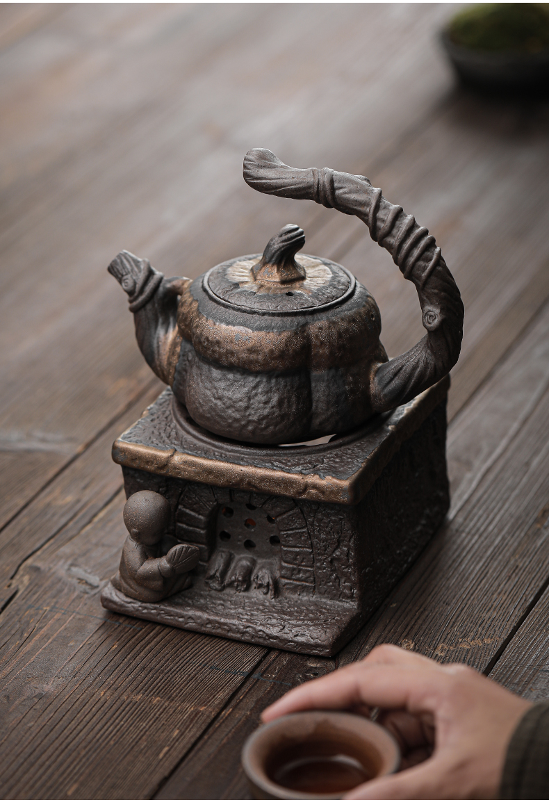 南瓜提梁壶 古早烧复古仿古功夫茶具粗陶单壶 老岩泥手工陶瓷茶壶