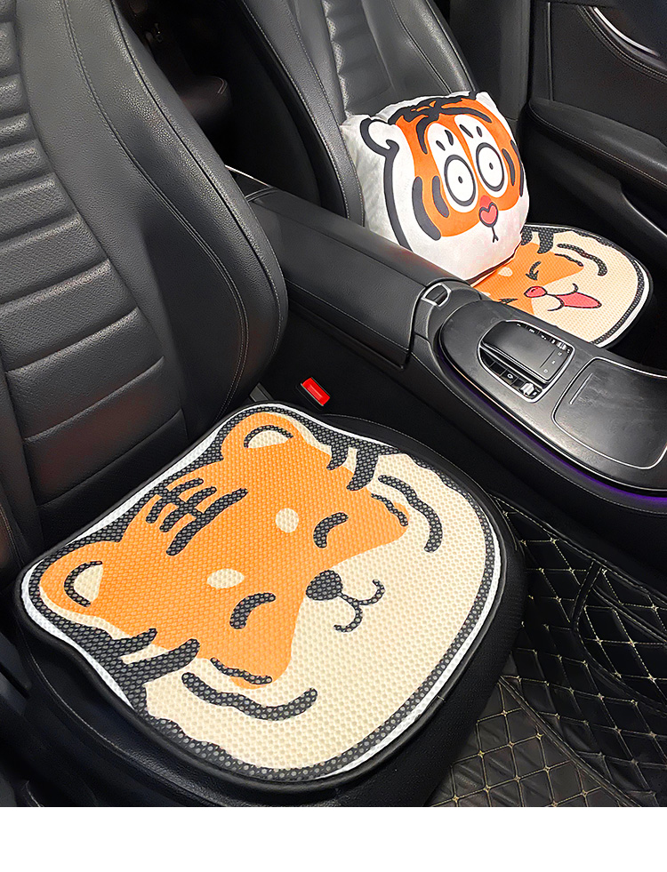 可爱老虎汽车坐垫夏季凉垫单片创意卡通亚麻通风车用座椅三件套微笑虎