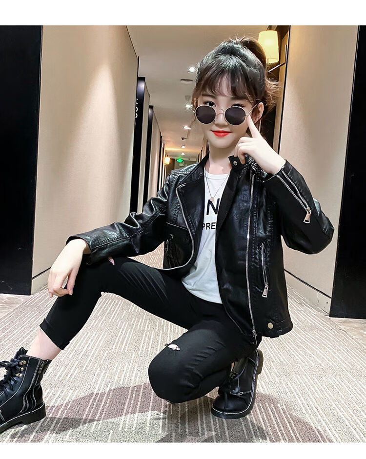 迪士尼disney女童皮衣外套2021秋冬新款帅气女孩夹克网红皮夹克中大童