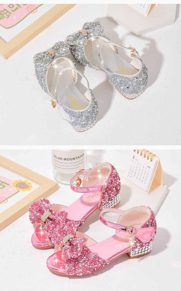 女童高跟鞋公主夏季凉鞋新款小女孩软底水晶鞋礼服表演女童鞋 -2粉红