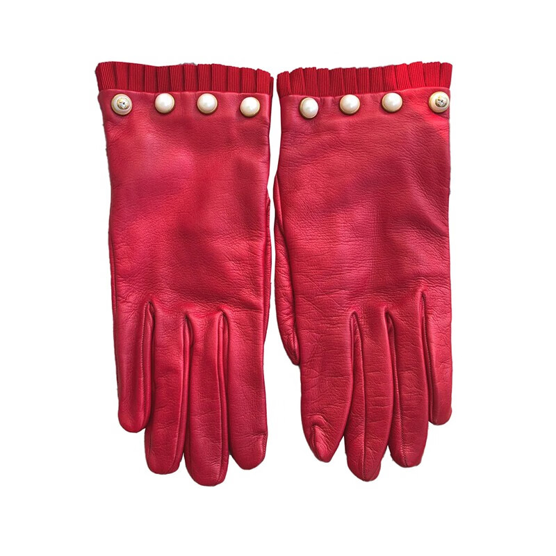 【奢华】gucci/古驰珍珠装饰蕾丝边点缀红色皮质女士手套 bi 红色 7