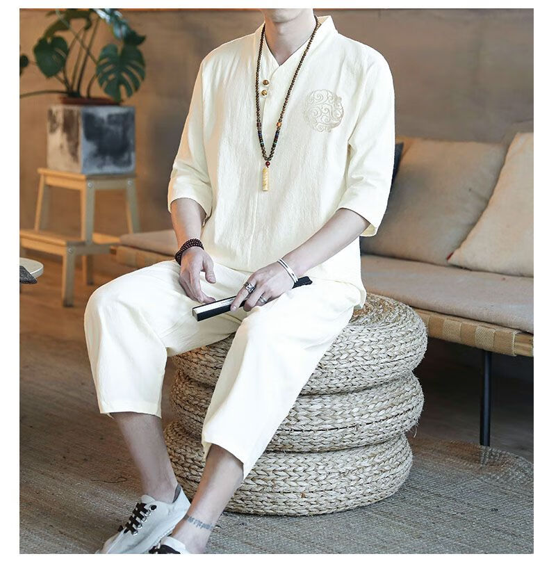 亚麻睡衣春七分袖套装男大码中国风汉服领唐装可外穿睡衣家居服藏青色