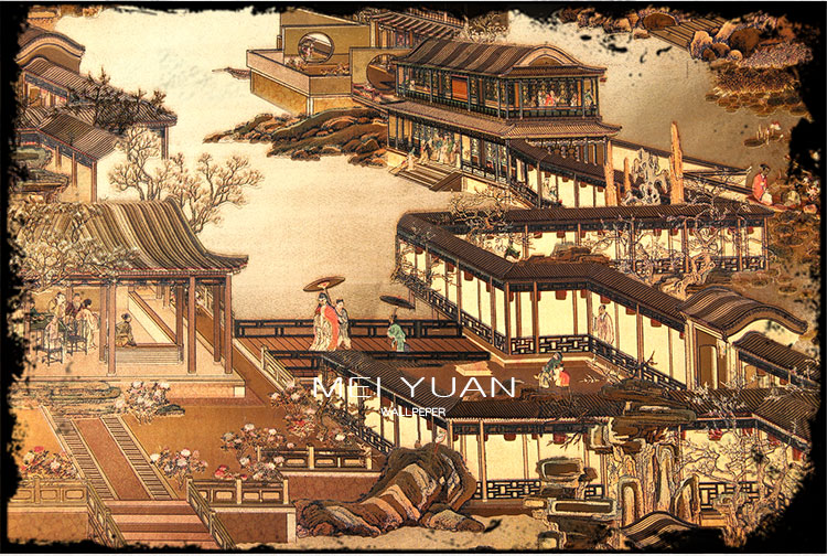 清明上河图壁纸金色墙纸3d电视背景墙饭店仿古金箔中式古典中国风浅金