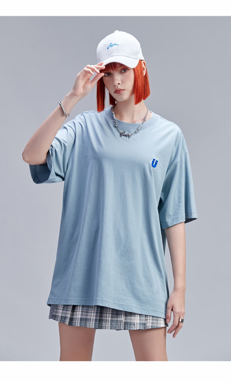 古由卡guuka天空蓝短袖女t恤夏天纯棉 情侣嘻哈圆领纯色五分袖运动宽