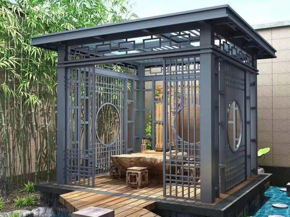 仿古铝合金凉亭花园凉亭四角休闲亭子别墅庭院凉亭走廊中式凉亭 大红