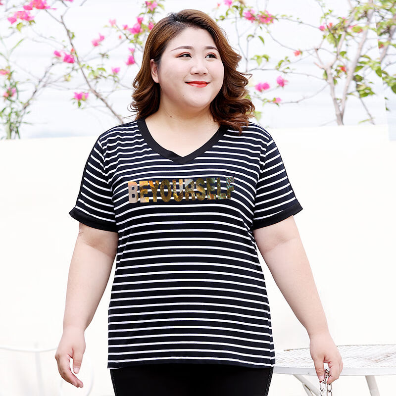300斤胖妹妹加肥加大码女装夏肥婆t恤体恤胖妈妈条纹v领t恤短袖 大码