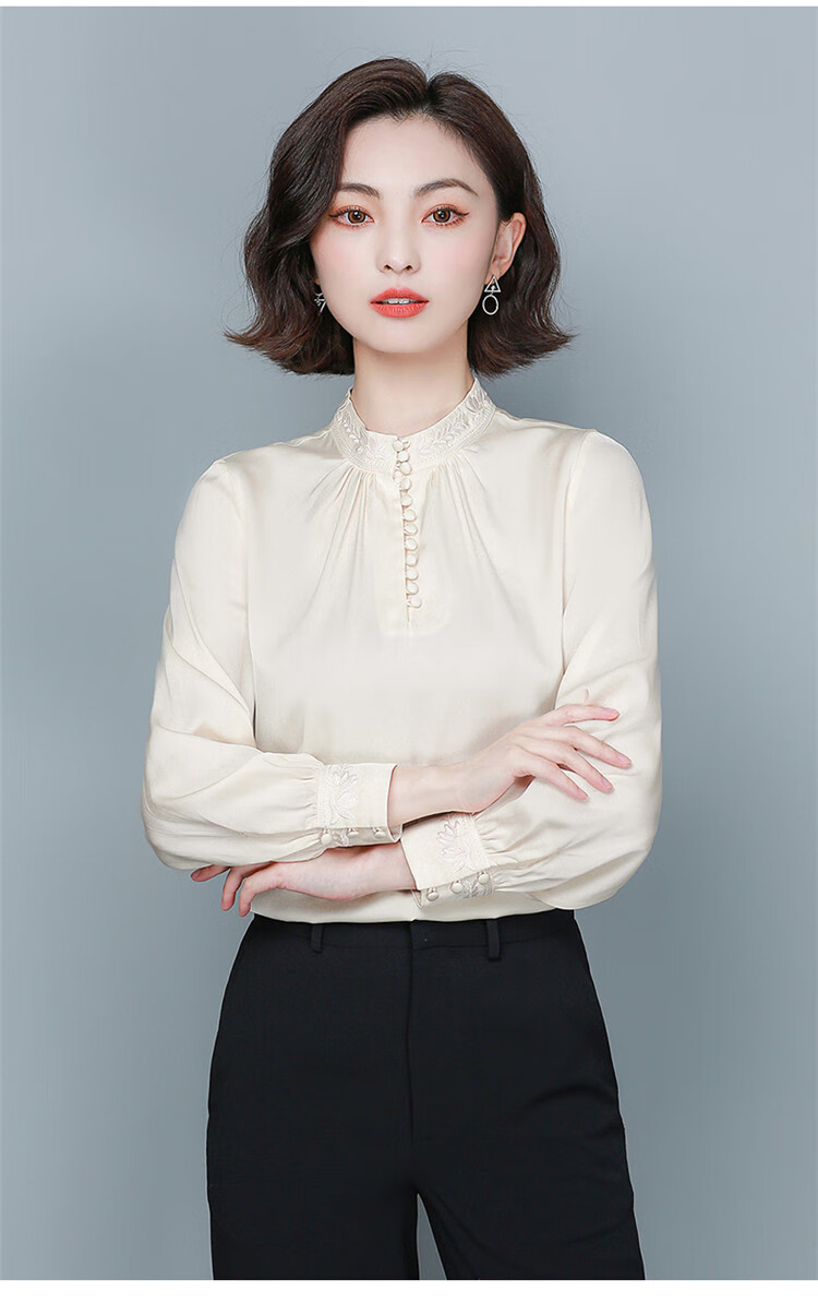 特价捡漏高档轻奢品牌真丝衬衫女长袖桑蚕丝洋气杭州丝绸刺绣欧货立领
