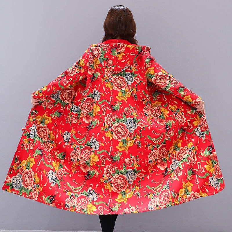 东北花棉袄2021冬季加绒超厚东北大花布衣服民族风中长款连帽棉服风衣