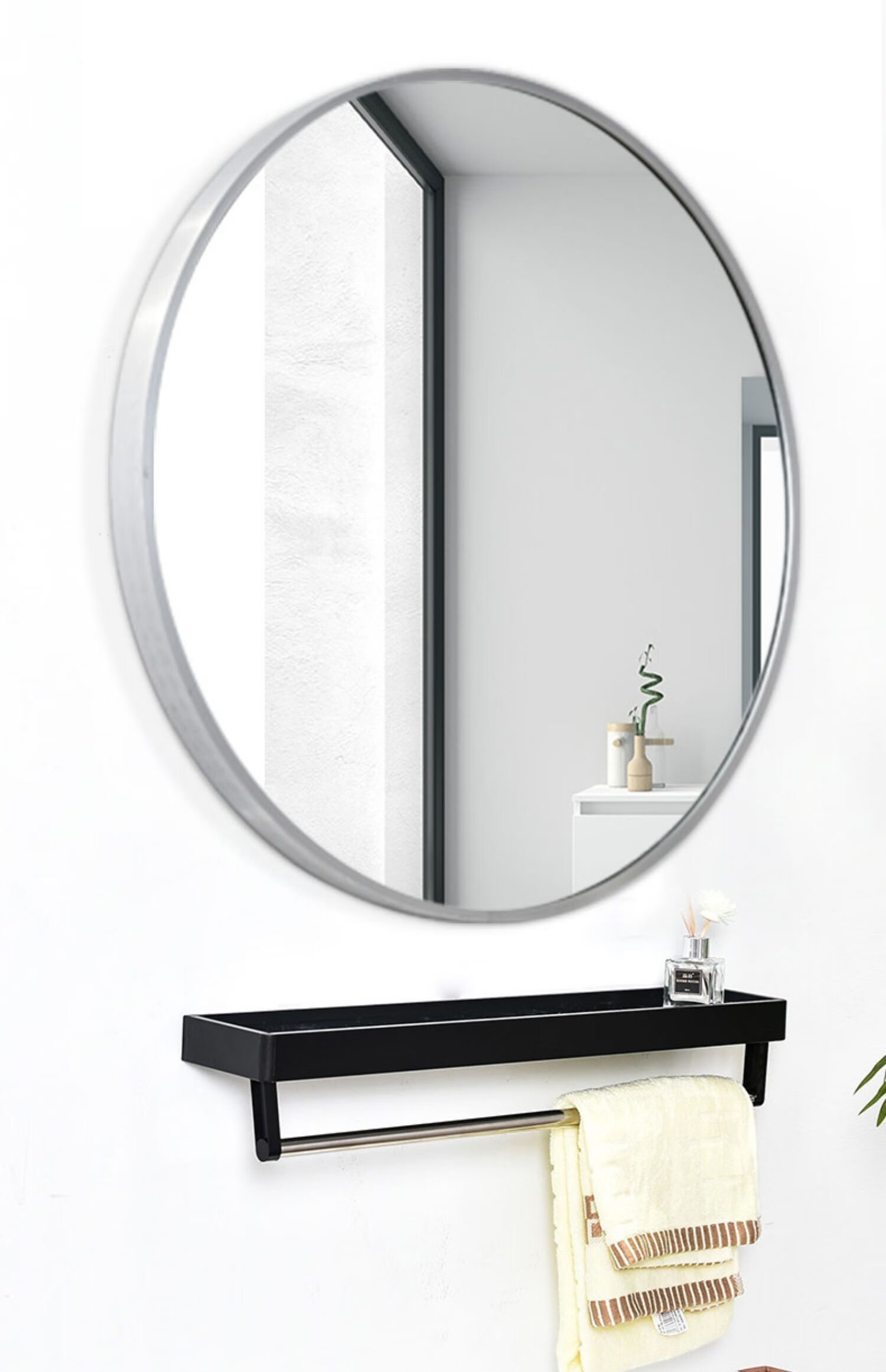 瑾暖卫生间浴室镜圆镜壁挂带置物架镜子挂墙式洗手台免打孔厕所卫浴镜