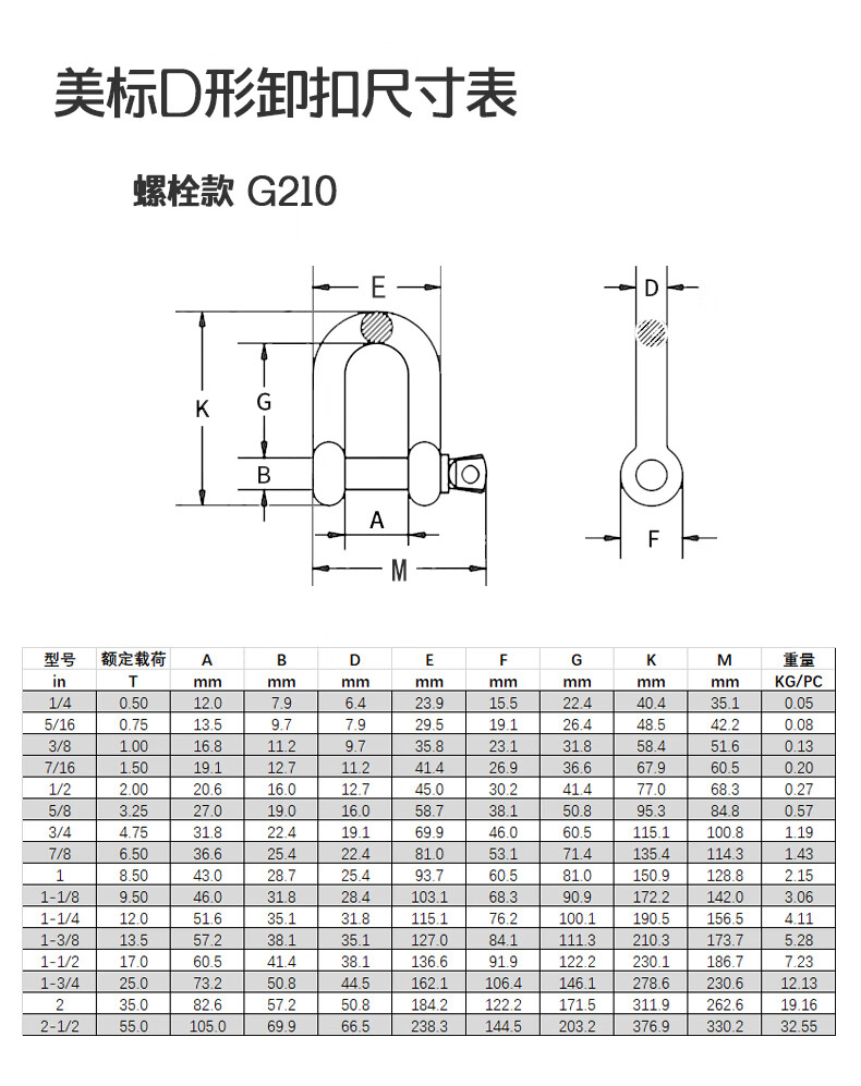 高强度直型(d)卸扣 2英寸 高强美式d型u形卸扣g210u型吊环锁扣卡扣