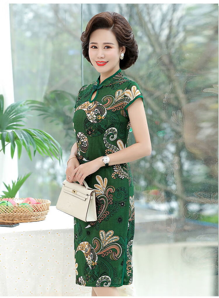 春夏旗袍女高品质妈妈新款短袖旗袍连衣裙中长款时尚中老年女中国风