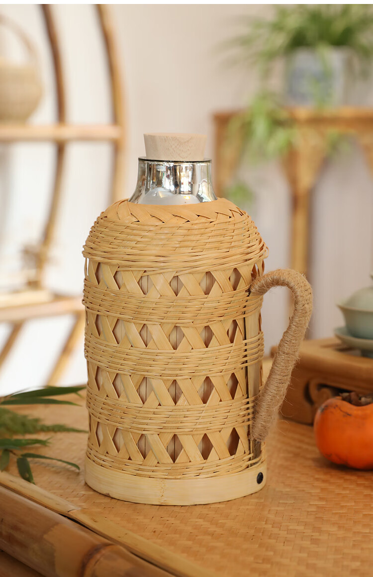 怀旧竹编暖壶家用复古暖水壶玻璃内胆老式镂空热水瓶茶室竹编暖壶32黄