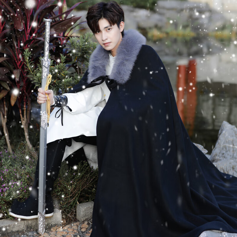 汉服成人男冬季 加绒加厚斗篷古装学生帅气中国古风披风外套女 加绒