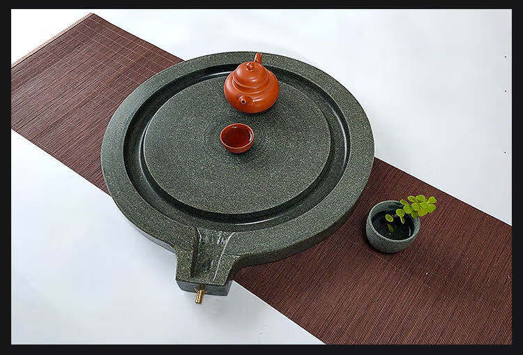 石茶盘青石天然石材石磨茶盘圆形创意石头时来运转青石茶台复古家用