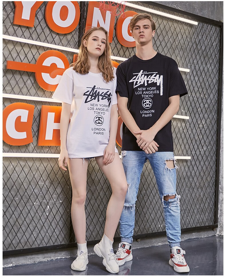 stussy经典时尚巡游短袖夏季新品纯棉宽松t恤男女同款情侣短袖 白黑字