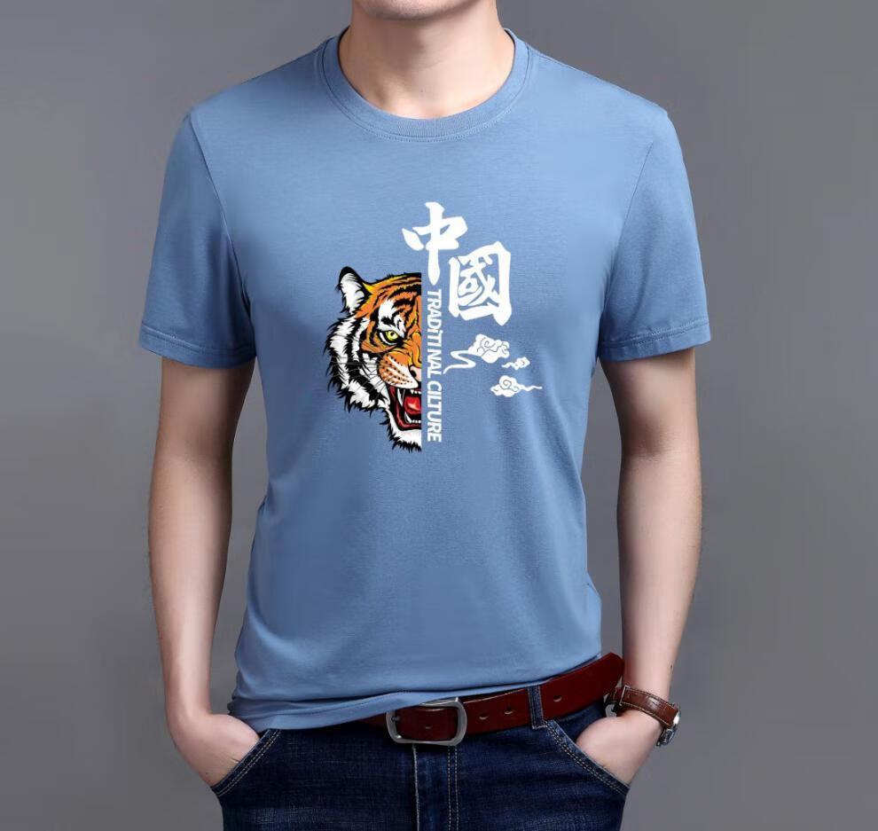 抖音同款朵娜服饰两件装2022春季新款国潮休闲t恤短袖男中国虎黑色f7