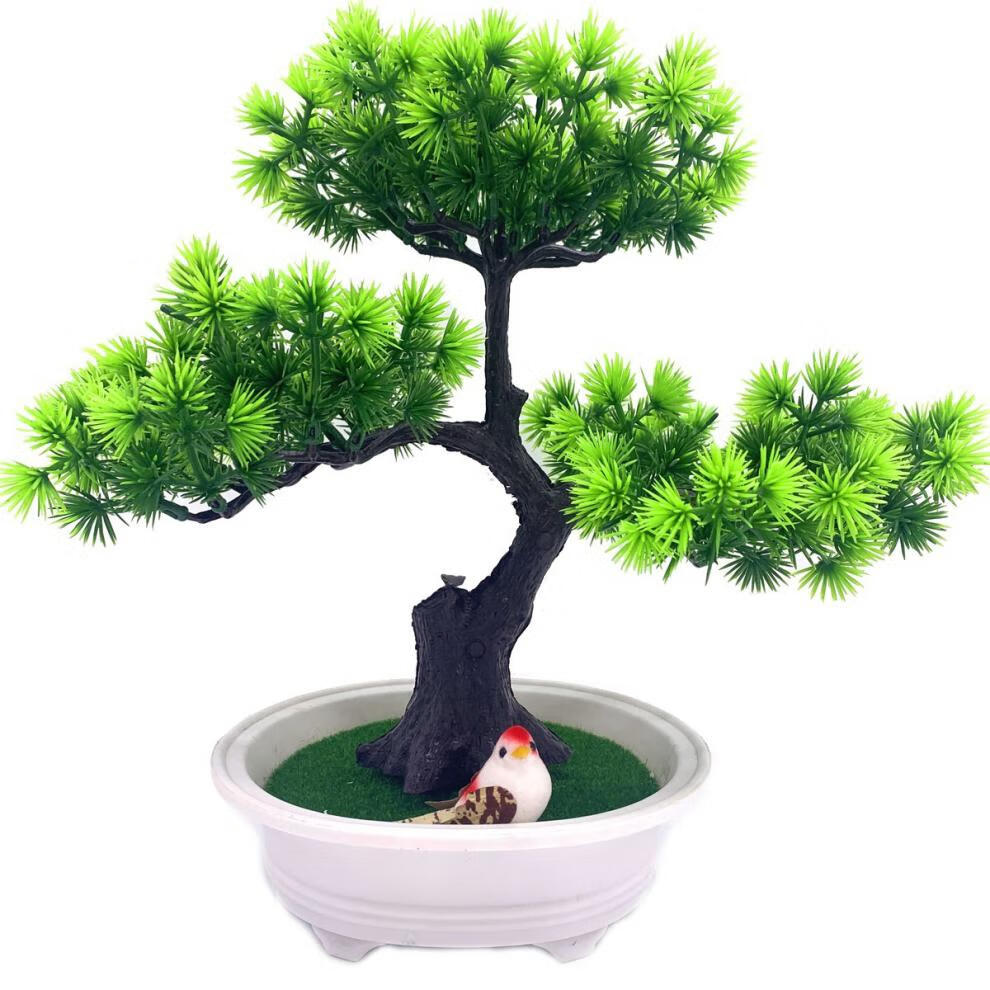 假花仿真花装饰客厅塑料花绿植迎客松酒柜创意摆件工艺品盆景带鸟