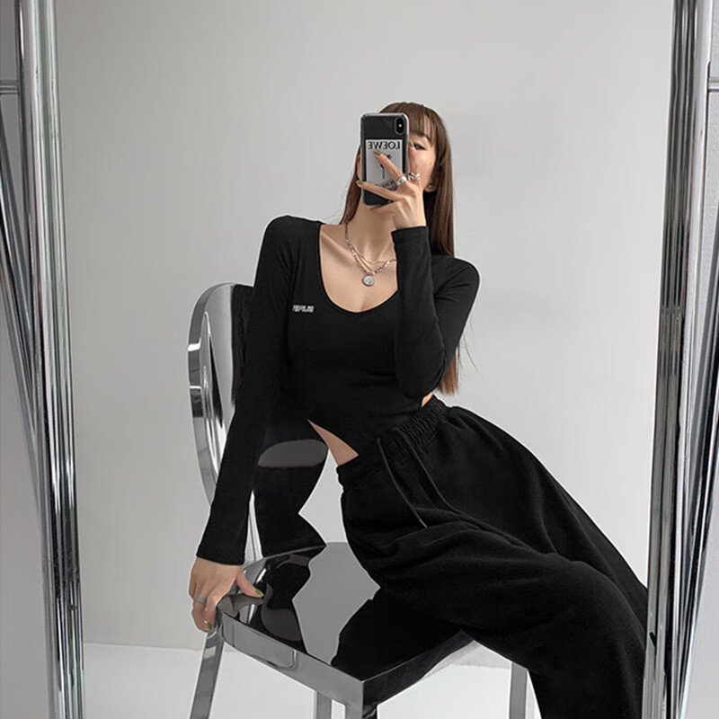 连裆长袖t恤高叉弹力连体衣女欧美风辣妹穿搭字母印花显瘦上衣潮黑色s