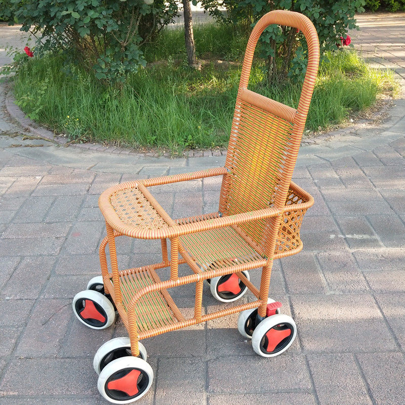 竹编宝宝推车婴儿车仿藤四轮藤椅竹藤藤编儿童小推车轻便坐式竹子车扁