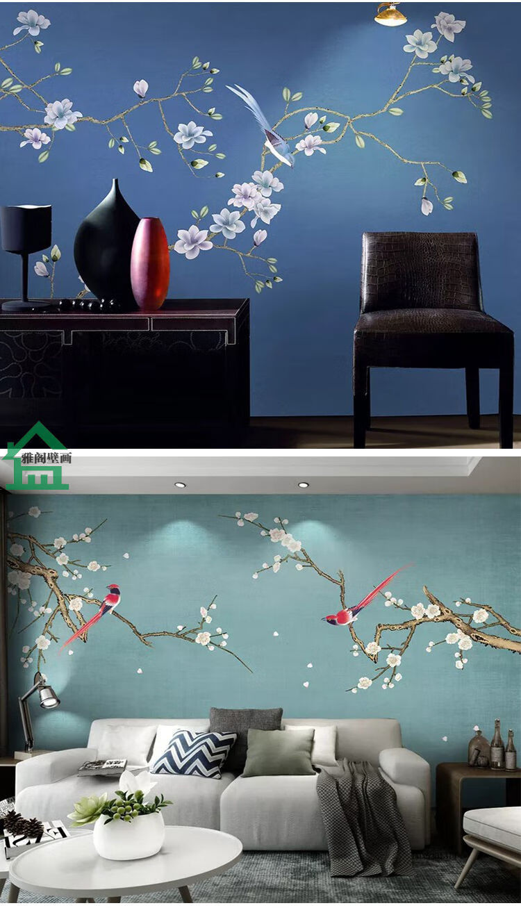 新中式玉兰花鸟壁布定制壁画客厅电视背景墙卧室壁布沙发影视墙布01款