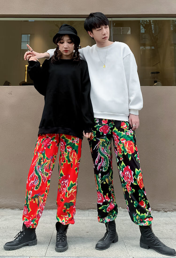 抖音网红同款国潮东北大花裤男女潮流街头嘻哈风束脚加绒休闲裤男黑底