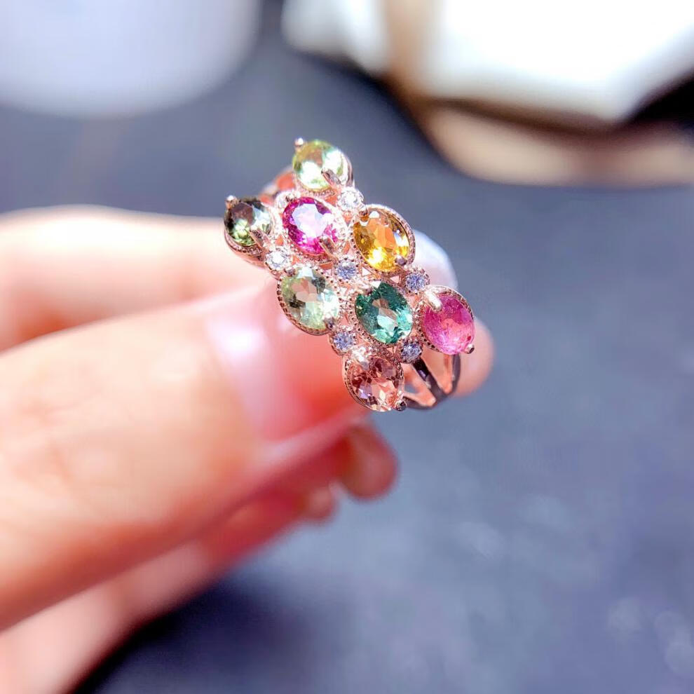 炫熙糖果色碧玺戒指女时尚气质颜色鲜艳晶体好925银镀18镶嵌碧玺戒指