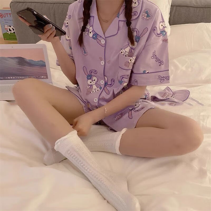 新款睡衣女夏季开衫ins少女套装网红短袖短裤学生家居服薄款外穿樱花