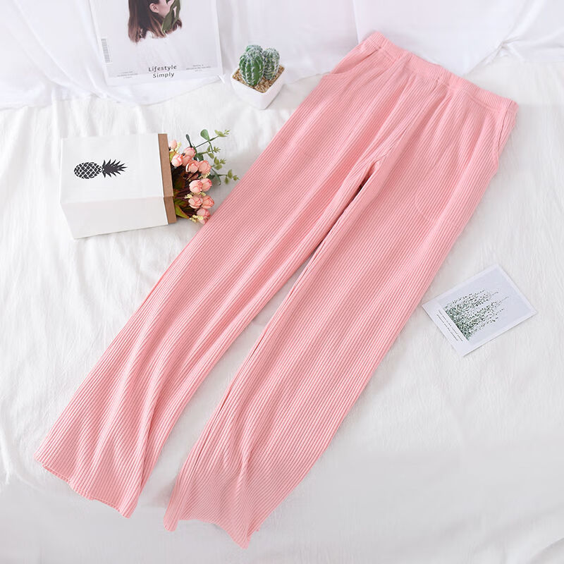 日系女士睡裤春秋季纯棉针织长裤直筒纯色全棉秋冬款睡衣家居服裤粉色
