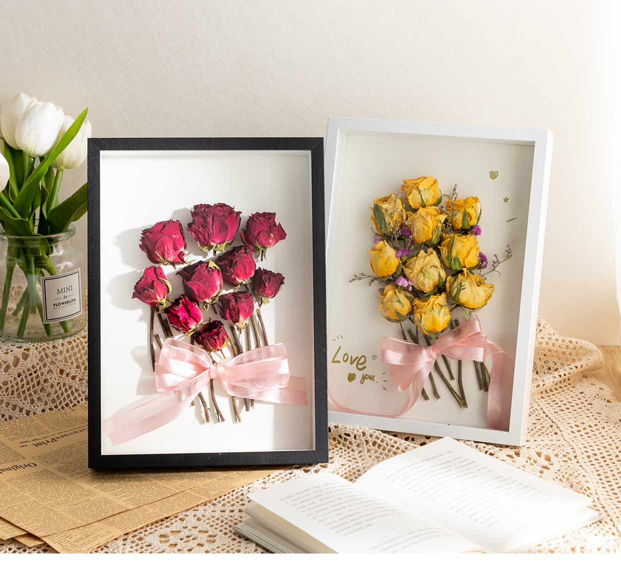 干花相框立体中空放干花相框摆台创意diy手工礼物永生花保存玫瑰标本