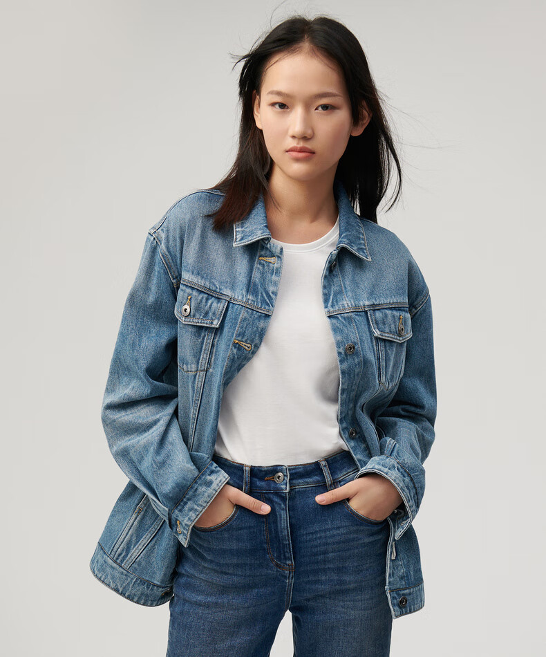 全棉时代女士牛仔外套纯棉宽松女外搭长袖上衣百搭衣服21秋新款中牛仔