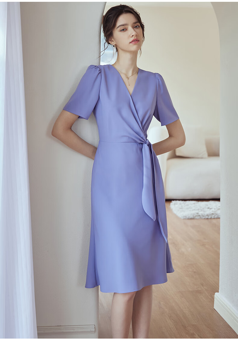 roeyshouse罗衣气质蓝紫色连衣裙女2022夏装新款拼接系带泡泡袖大摆裙