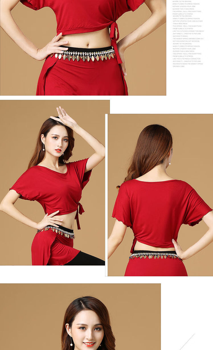 肚皮舞舞蹈服女上衣拉丁舞服形体服上衣短款露肚脐 酒红(单上衣) m