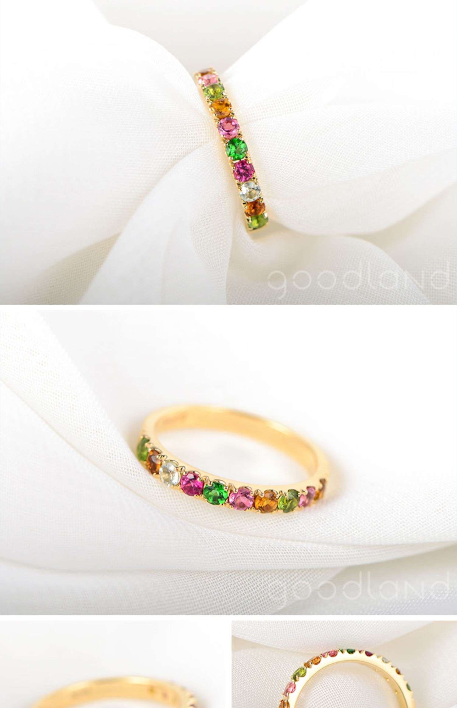 恋江南18k金镶嵌天然彩色碧玺戒指女彩虹宝石百搭指环彩宝排戒彩色