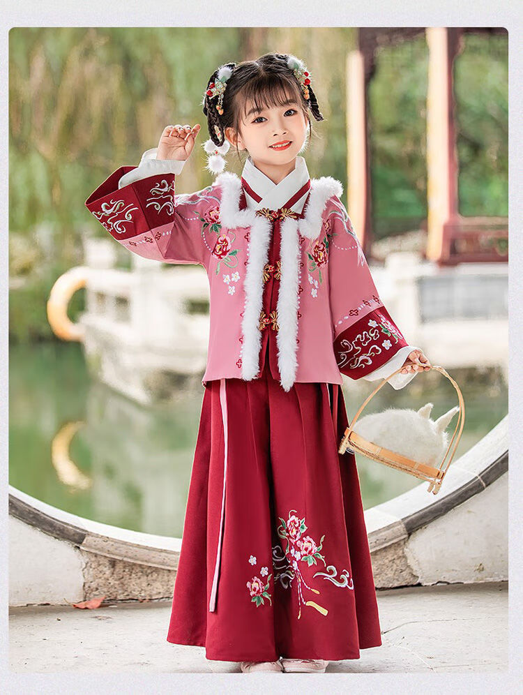奥圣特女童汉服秋冬古装拜年服中国风保暖加厚长袖裙本命年洋气儿童