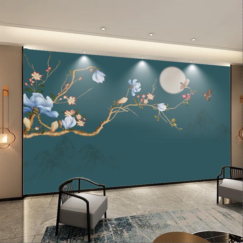 适用于2022新中式卧室床头背景墙布装饰壁画壁布主卧墙纸花鸟壁纸简约